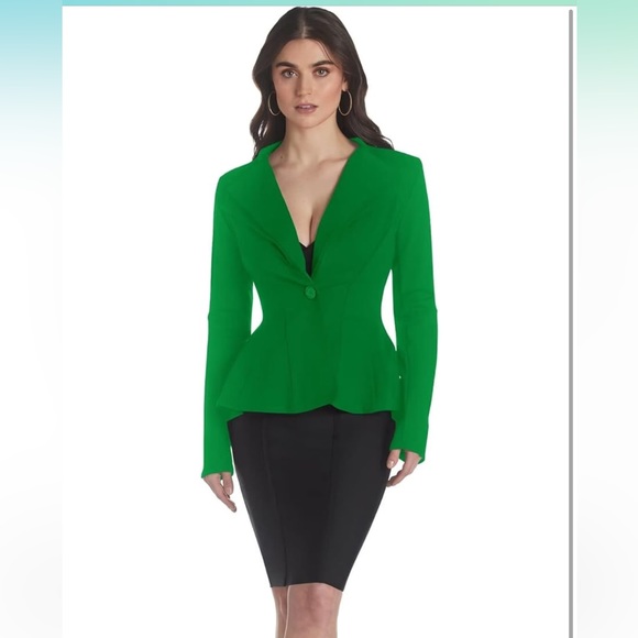 Kelly Green Double Notch Lapel Sharp Shoulder Pad Single Button Peplum Blazer - Picture 2 of 12